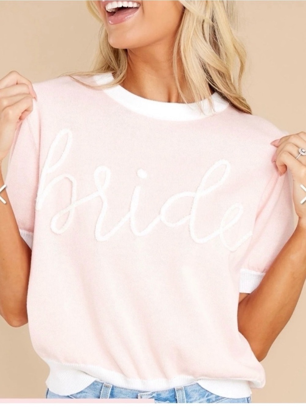 QUEEN OF SPARKLES • Bride print Pink Short Sleeve Knit Top - Small